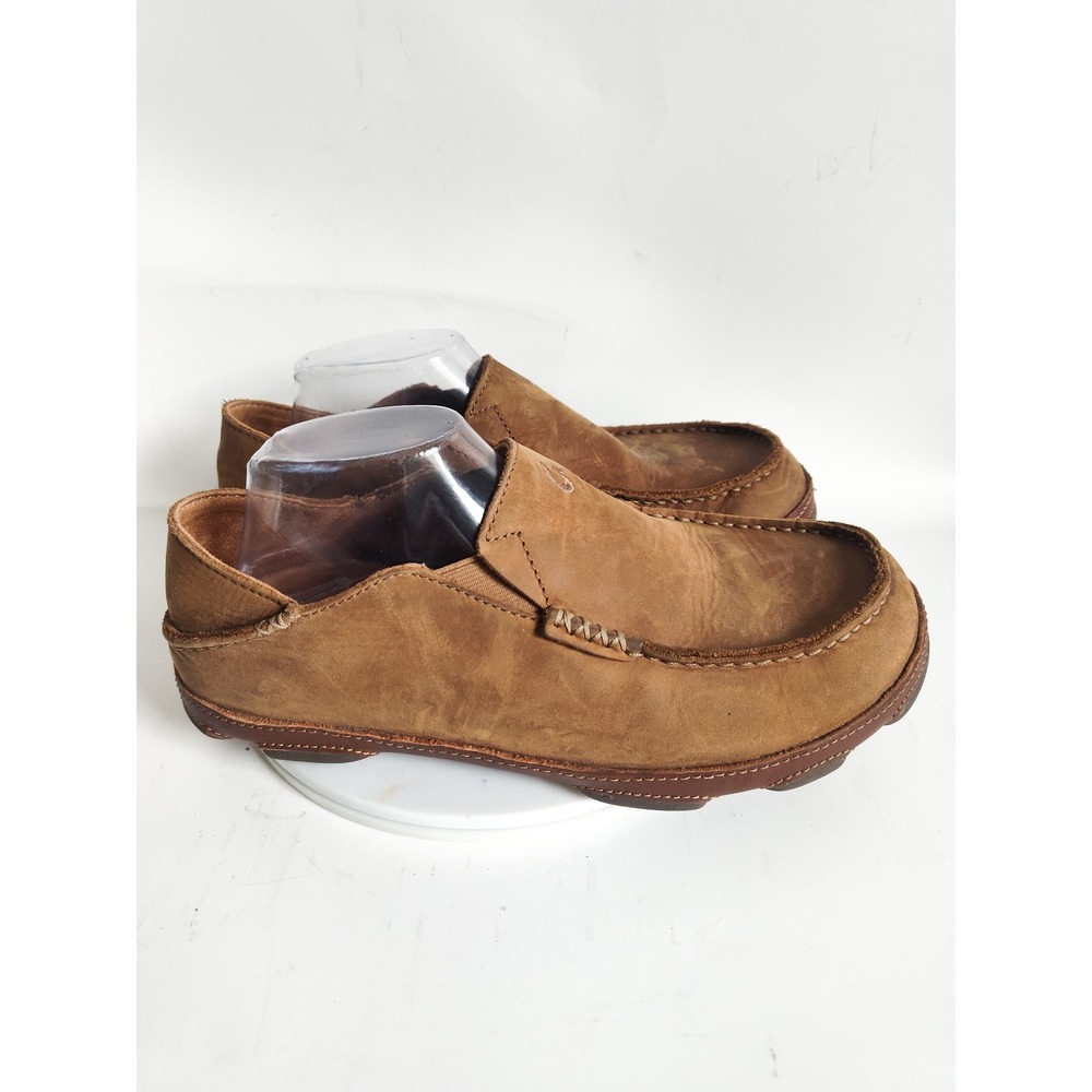 OluKai Moloa Slip On Shoes 8.5 Nubuck Leather Loafers Drop In Heel Casual Brown